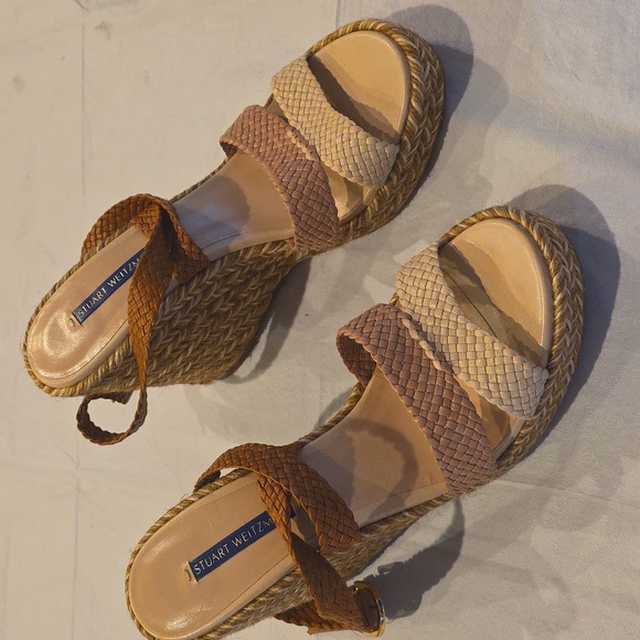 Stuart Weitzman Elsie Espadrille Wedge Ankle Wrap Sandal Beige Platform High 9.5 - Picture 2 of 13